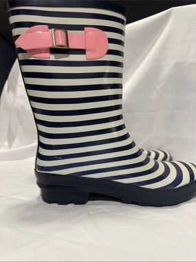 Striped Navy & White Rain Boots with Pink Buckle